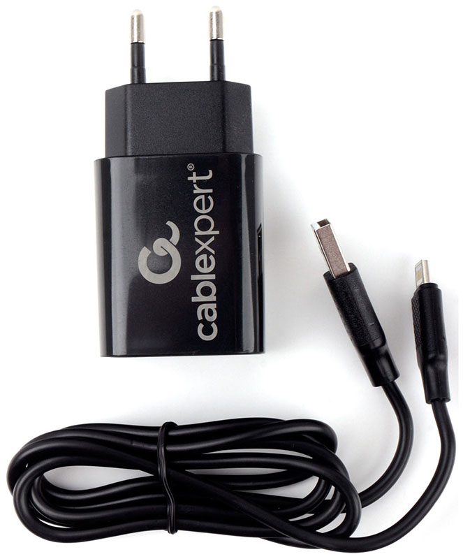 Сетевая зарядка + Lightning кабель Cablexpert MP3A-PC-36 USB 2 порта, 2.4A, черный + кабель 1м lightning сетевое з у dата кабель cablexpert mp3a pc 37 usb 2 порта 2 4a черный кабель 1м type c