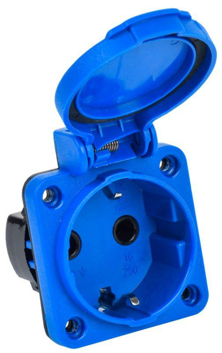 Изображение товара Изделия для электромонтажа IEK Розетка панельная MAGNUM 2P+PE 16А IP54 РП12-3 с защ. крышкой с заземл. син.