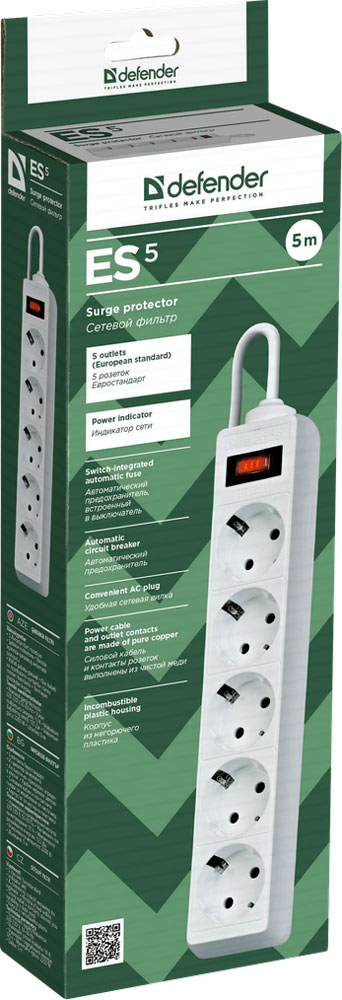 Изображение товара Сетевой фильтр Defender ES 5.0m (5роз.) white 99483 Изображение товара Сетевой фильтр Defender ES 5.0m (5роз.) white 99483