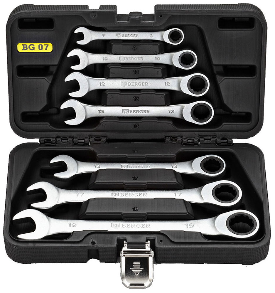 

Набор ключей комбинированных трещоточных Berger BG-7SCRW 7 предметов в кейсе, 8-19 мм
