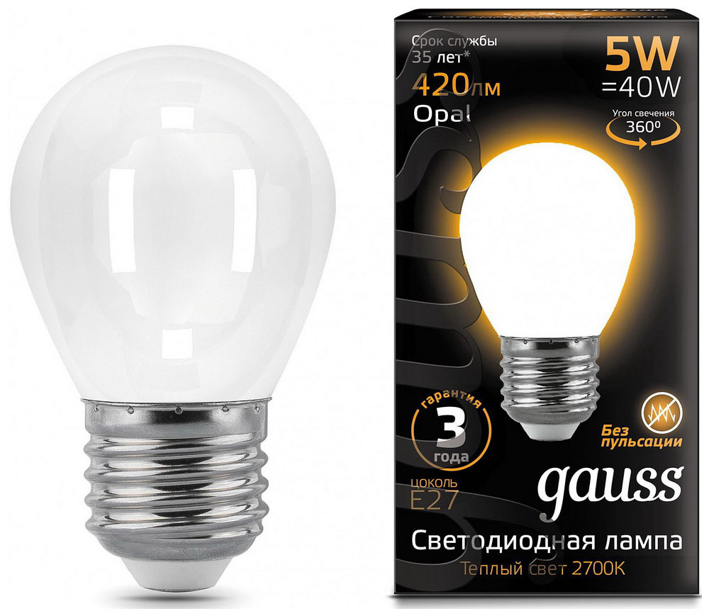 Лампа GAUSS LED Filament Шар OPAL E27 5W 420lm 2700K 105202105 Упаковка 10шт лампа gauss led filament шар opal e14 5w 420lm 2700k 1 10 50