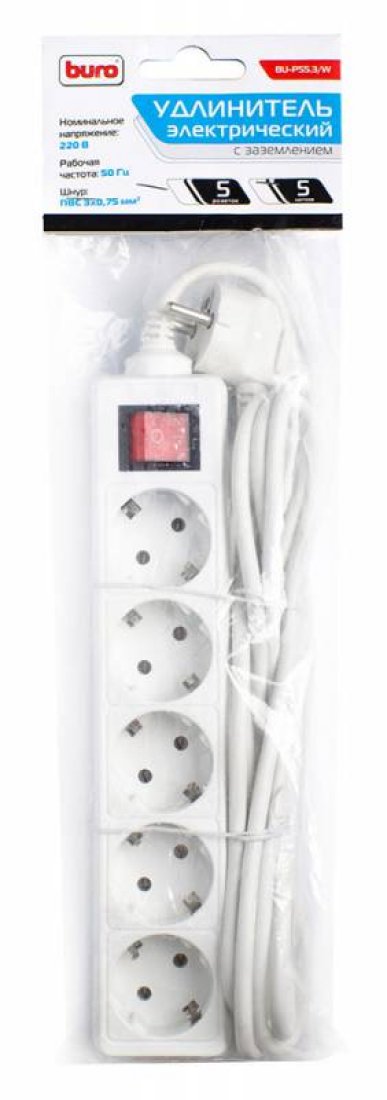 Изображение товара Сетевой удлинитель Buro BU-PS5.5/W 5м (5 розеток) белый (пакет ПЭ)