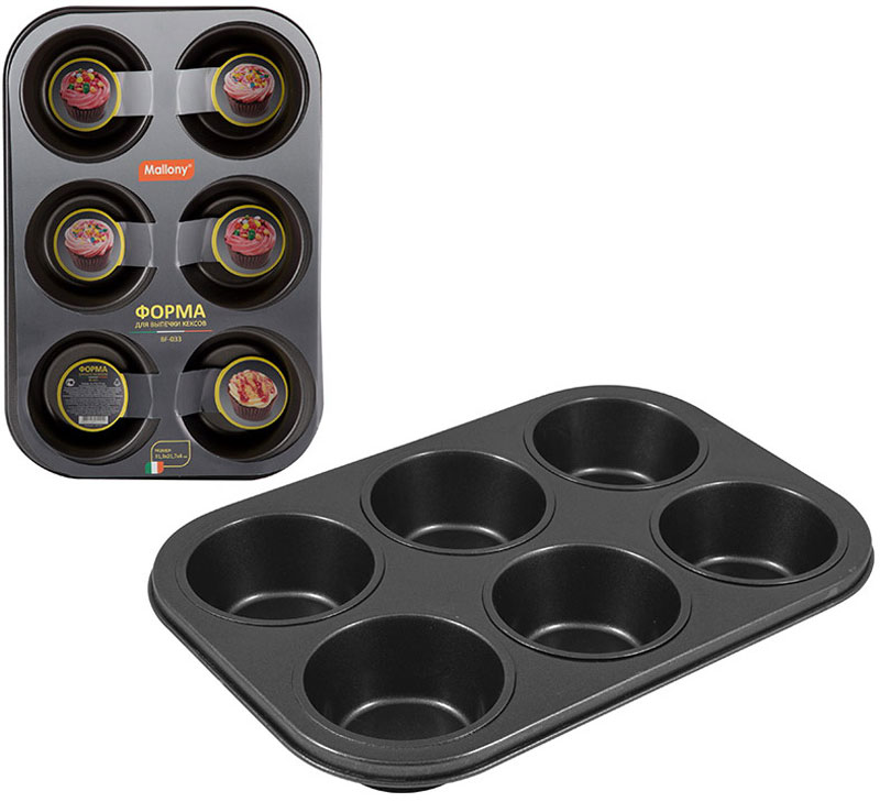 Изображение товара Форма для выпечки Mallony BF-033, сталь, 6 кексов, 31.3х21.7х4 см (191315)