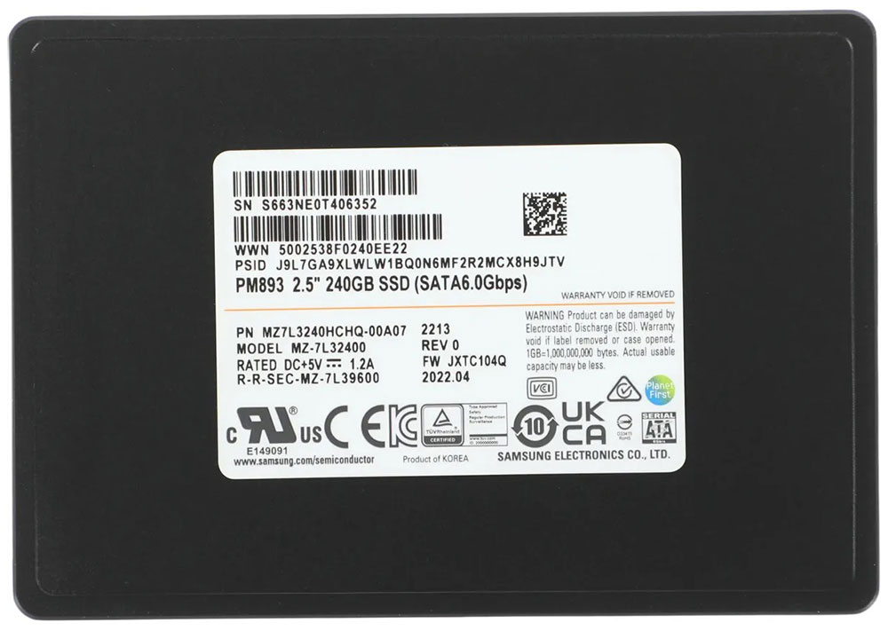 

Серверный накопитель SSD Samsung 2.5 PM893 240 Гб SATA III TLC (MZ7L3240HCHQ-00A07)