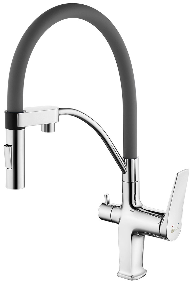 Изображение товара Кухонный смеситель Lemark с гибким изливом, с подключением к фильтру питьевой воды, латунь/хром/серый (LM3074C-Gray)