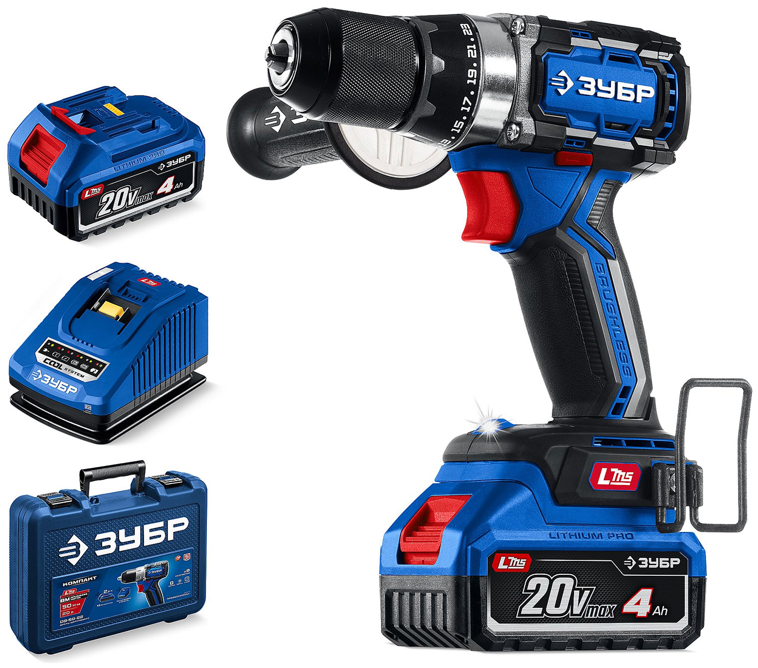 Изображение товара Дрель-шуруповерт Зубр 20 В PROFESSIONAL бесщеточный крутящий момент 70 Нм 2 АКБ