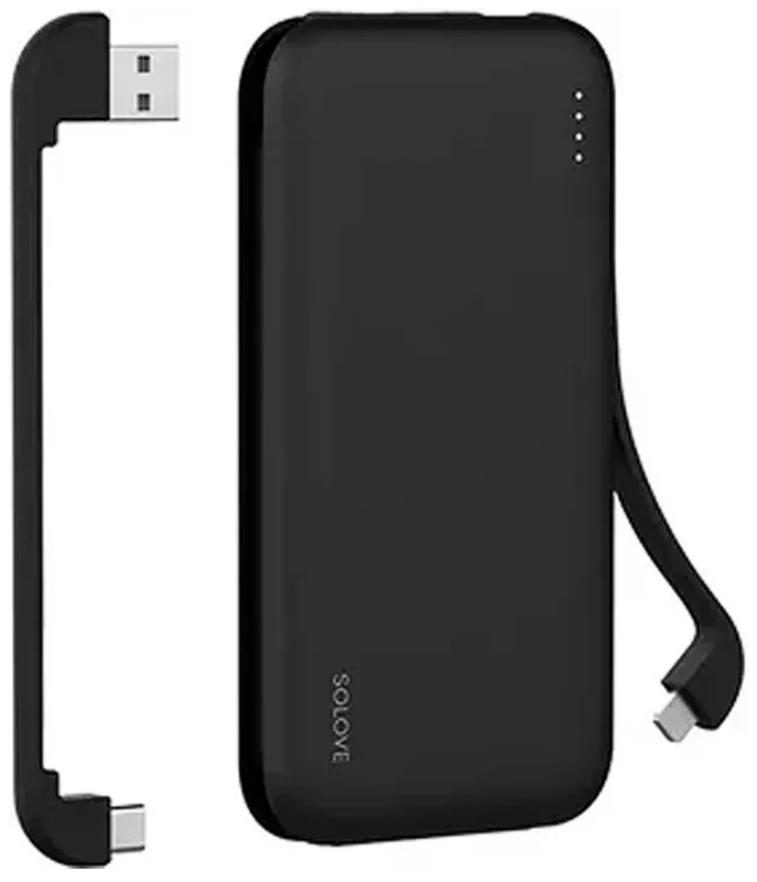 Изображение товара Внешний аккумулятор Solove Mi Power Bank 10000mAh Dual USB/Type-C со встроенными двумя кабелями USB/Type-C и Lightning черный