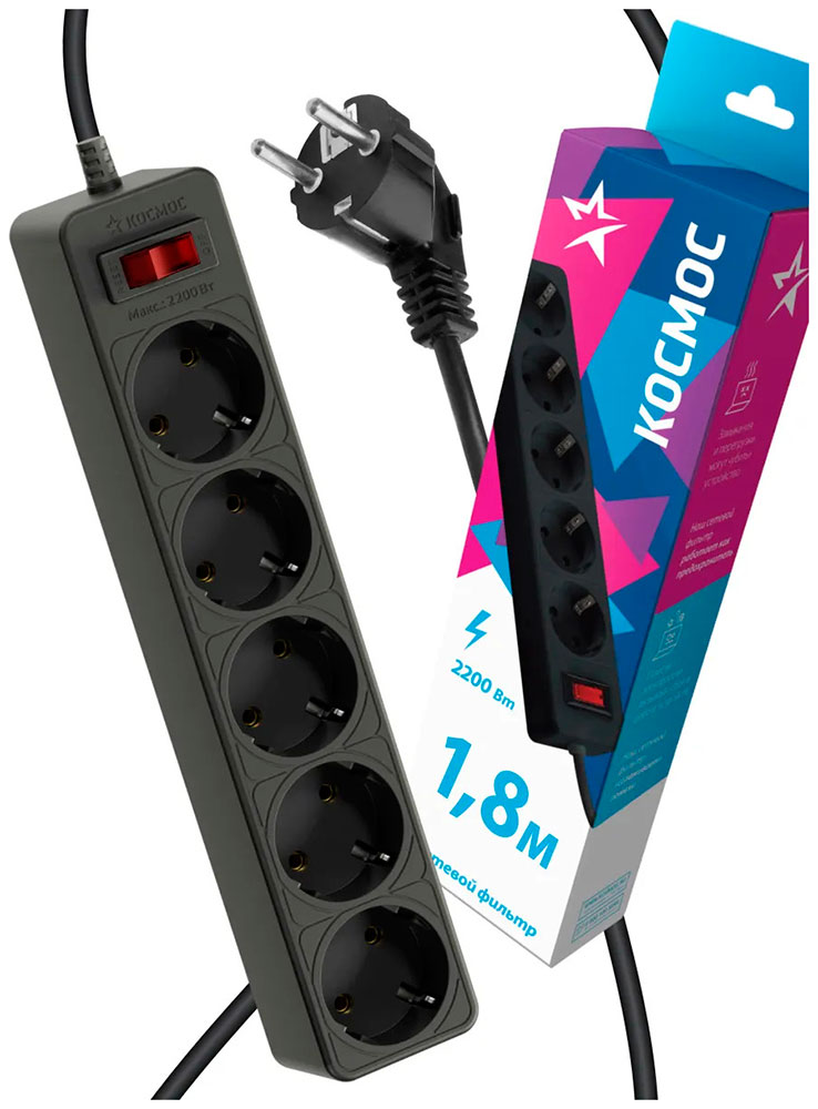 

Сетевой фильтр Космос 1,8 м, 5 розеток, пвс 3х0,75мм2, черный