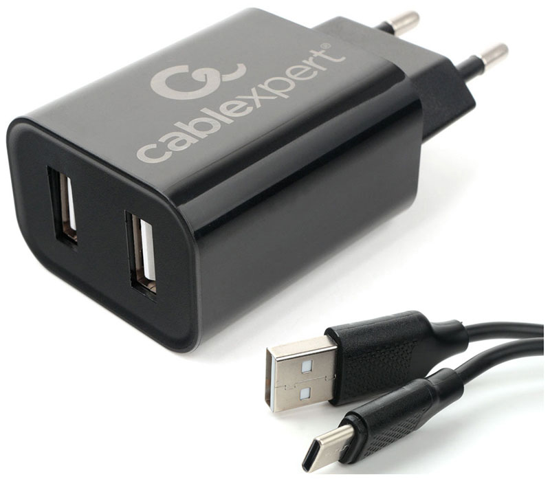 Сетевое з/у + DАТА кабель Cablexpert MP3A-PC-37 USB 2 порта, 2.4A, черный + кабель 1м Type-C