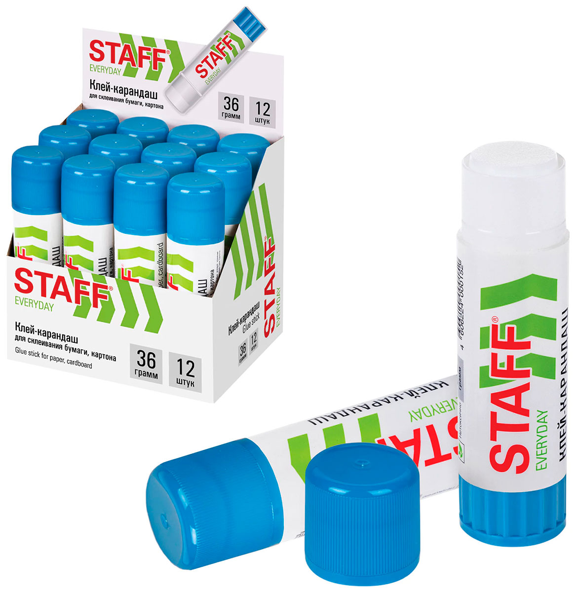 

Клей-карандаш Staff 36 г, КОМПЛЕКТ 12 штук (880117), Белый/голубой