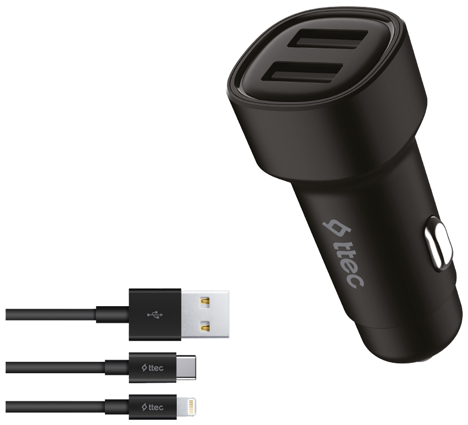 Изображение товара Автомобильное зарядное устройство Ttec USB-A с кабелями Lightning и USB-C