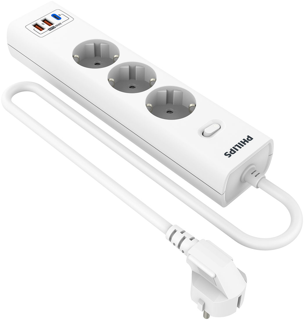 Изображение товара Сетевой фильтр Philips 3 Розетки с USB (PD/QC3.0 5/9/12 В), 30 Вт, кабель - 3м, белый