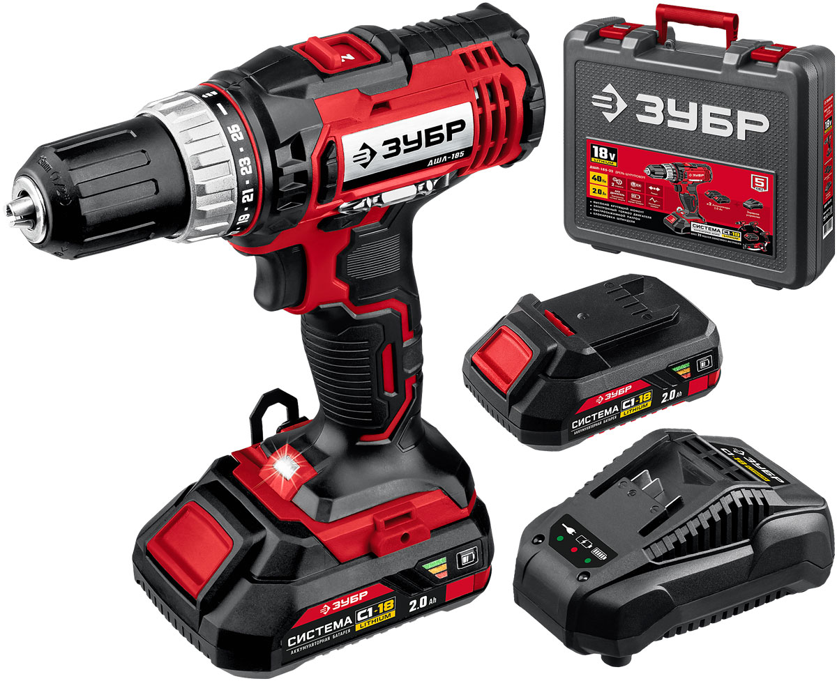Изображение товара Дрель-шуруповерт Зубр ДШЛ-185-22 18В, 2 АКБ (2Ач), в кейсе
