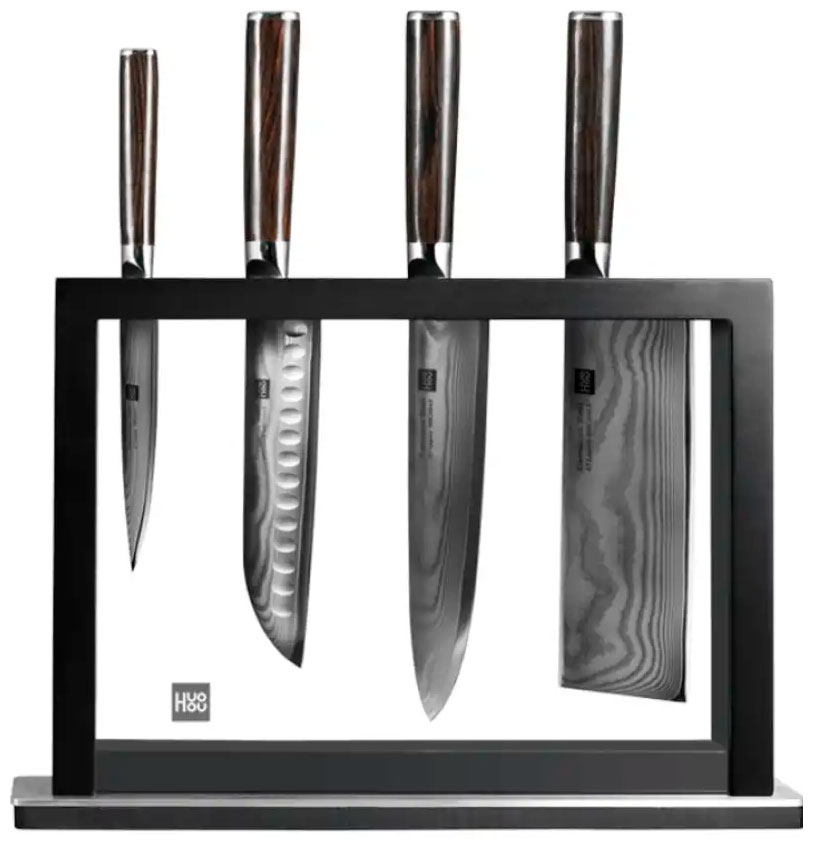 Изображение товара Набор кухонных ножей из дамасской стали (4 ножа подставка) Huo Hou Damascus Kitchen KnifeSet (HU0073), черный