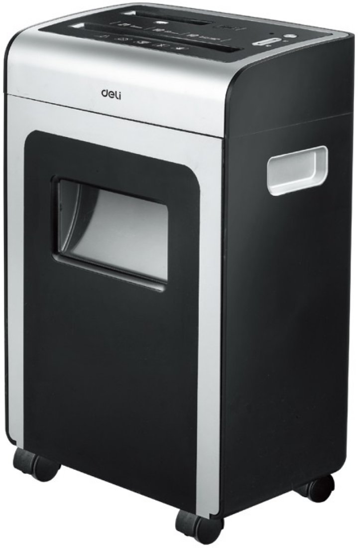 Изображение товара Уничтожитель бумаги (шредер) Deli 9915 черный (секр.P-4) фрагменты 10лист. 21лтр. скрепки скобы пл.карты CD