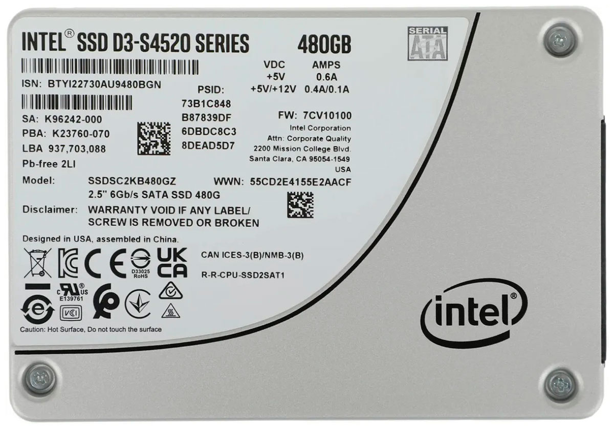 Изображение товара Серверный накопитель SSD Intel 2.5 D3-S4520 480 Гб SATA III TLC (SSDSC2KB480GZ01)