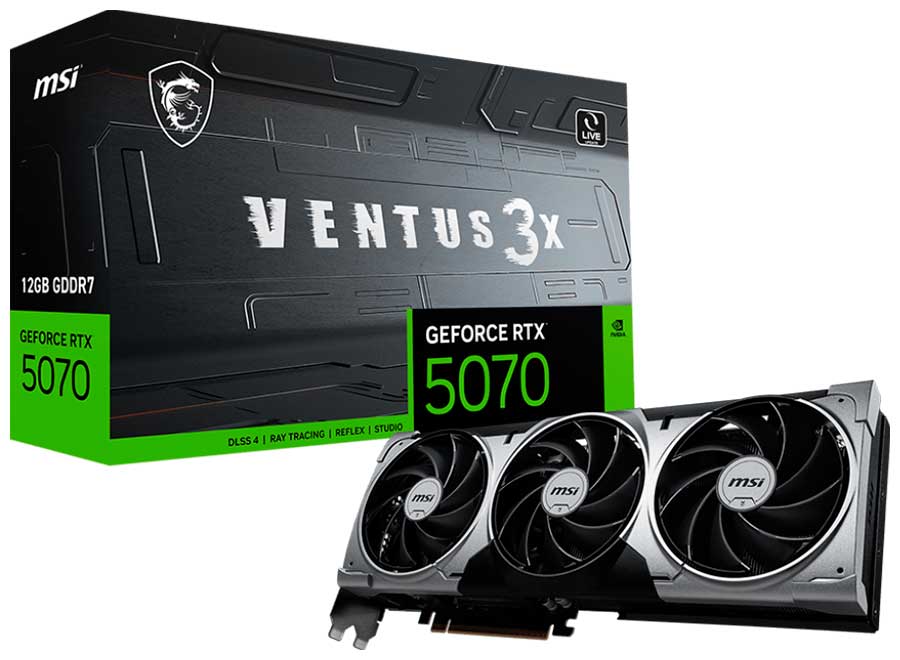 Изображение товара Видеокарта MSI GeForce RTX 5070 12G VENTUS 3X с воздушным охлаждением и 4 мониторами
