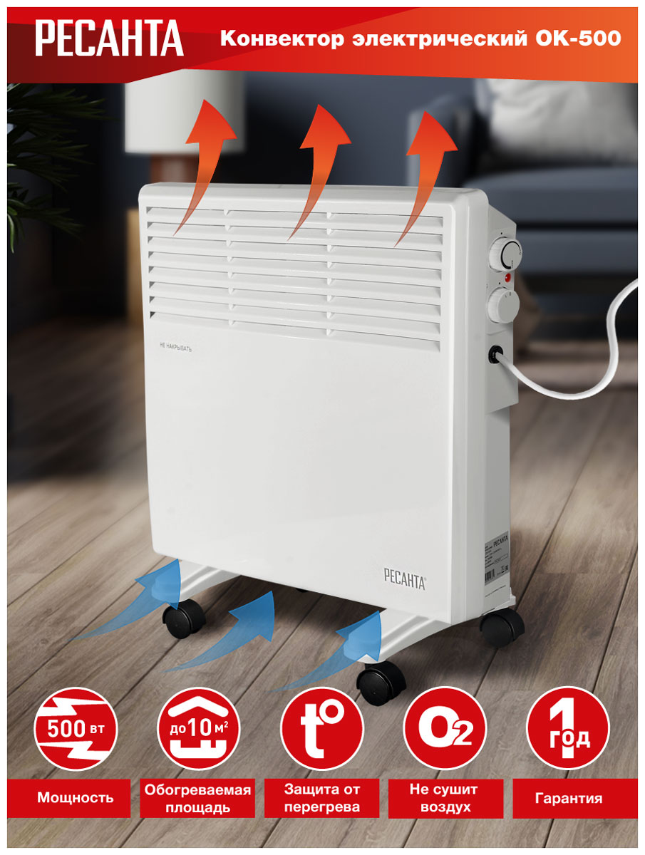 Изображение товара Конвектор Ресанта ОК-500 напольный тепловой обогреватель мощностью 500 Вт