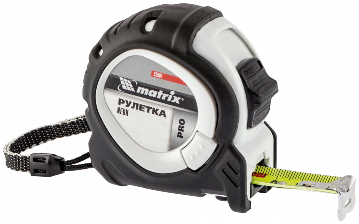 Изображение товара Рулетка Matrix 32592, Neon, 5 м x 25 мм, обрезиненный корпус, 3 фиксации, PRO