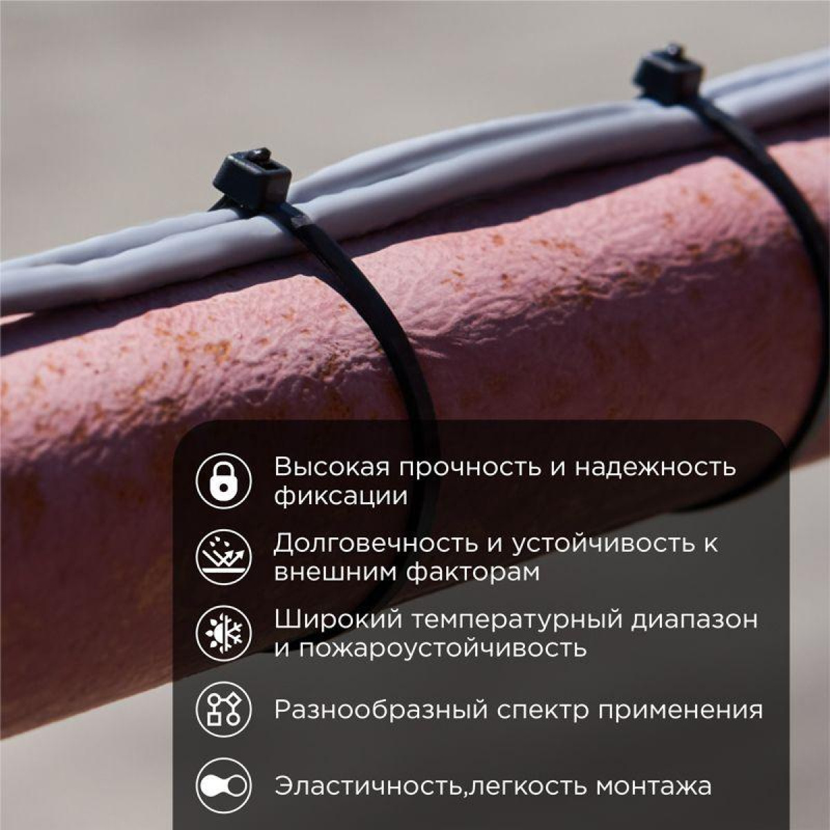 Изображение товара Кабели, провода и аксессуары Rexant Хомут кабельный 7.6х250 нейл. черн. (уп.100шт)