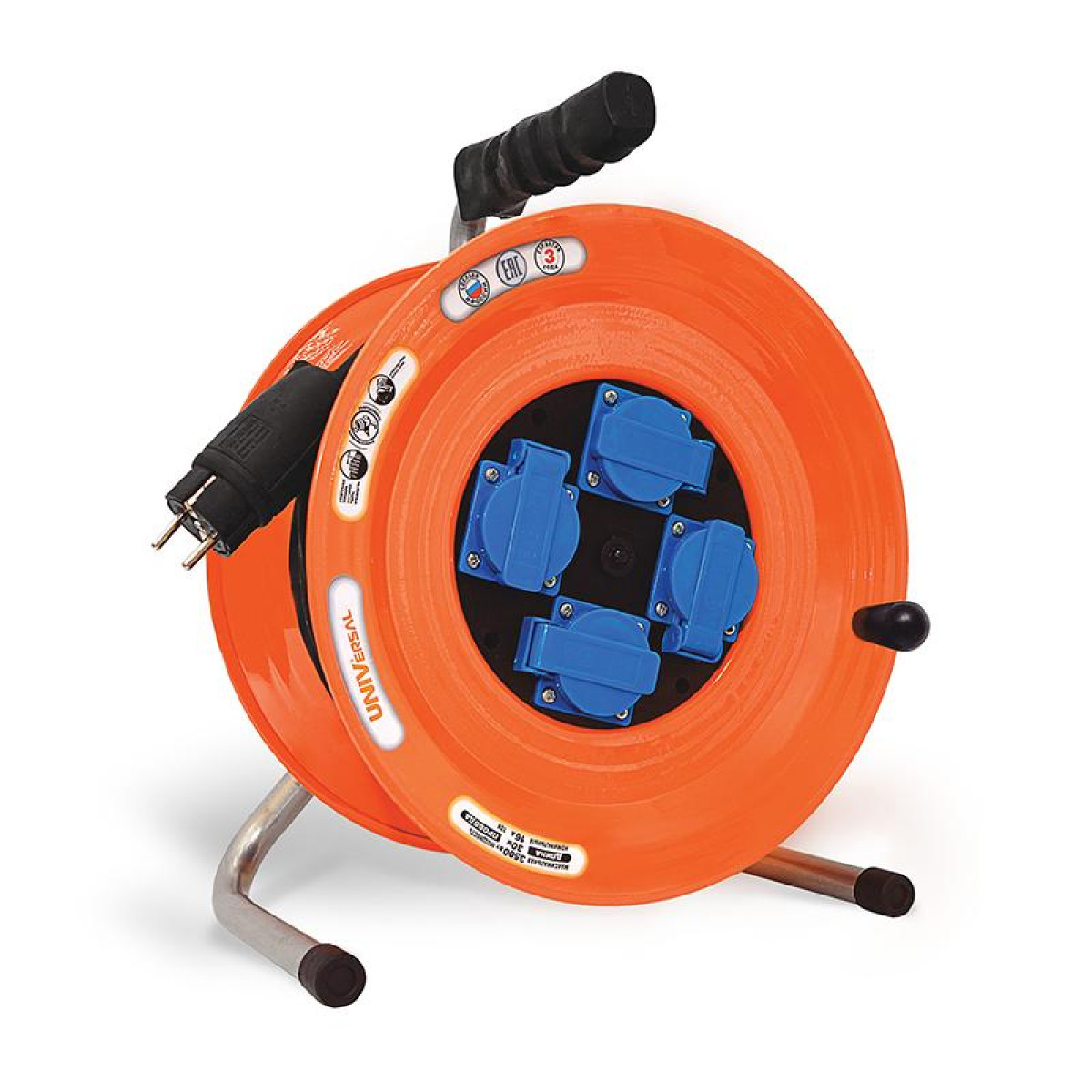 Изображение товара Удлинитель на катушке Универсал 4х30м с заземл. 16А IP44 ВЕМ-259 КГ 3х1.5 термозащита с защ. крышкой UNIVersal