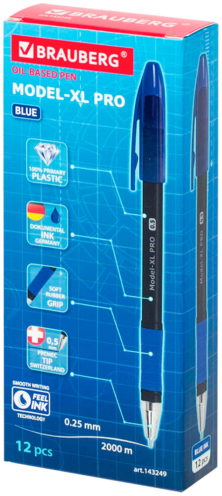 Ручка шариковая Brauberg ''Model-XL PRO'', синяя, КОМПЛЕКТ 12 штук, 0.35 мм (880182) цена и фото