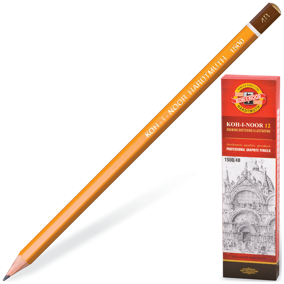 

Карандаш чернографитный 4B Koh-I-Noor 1500, комплект 12 штук (880474), Желтый