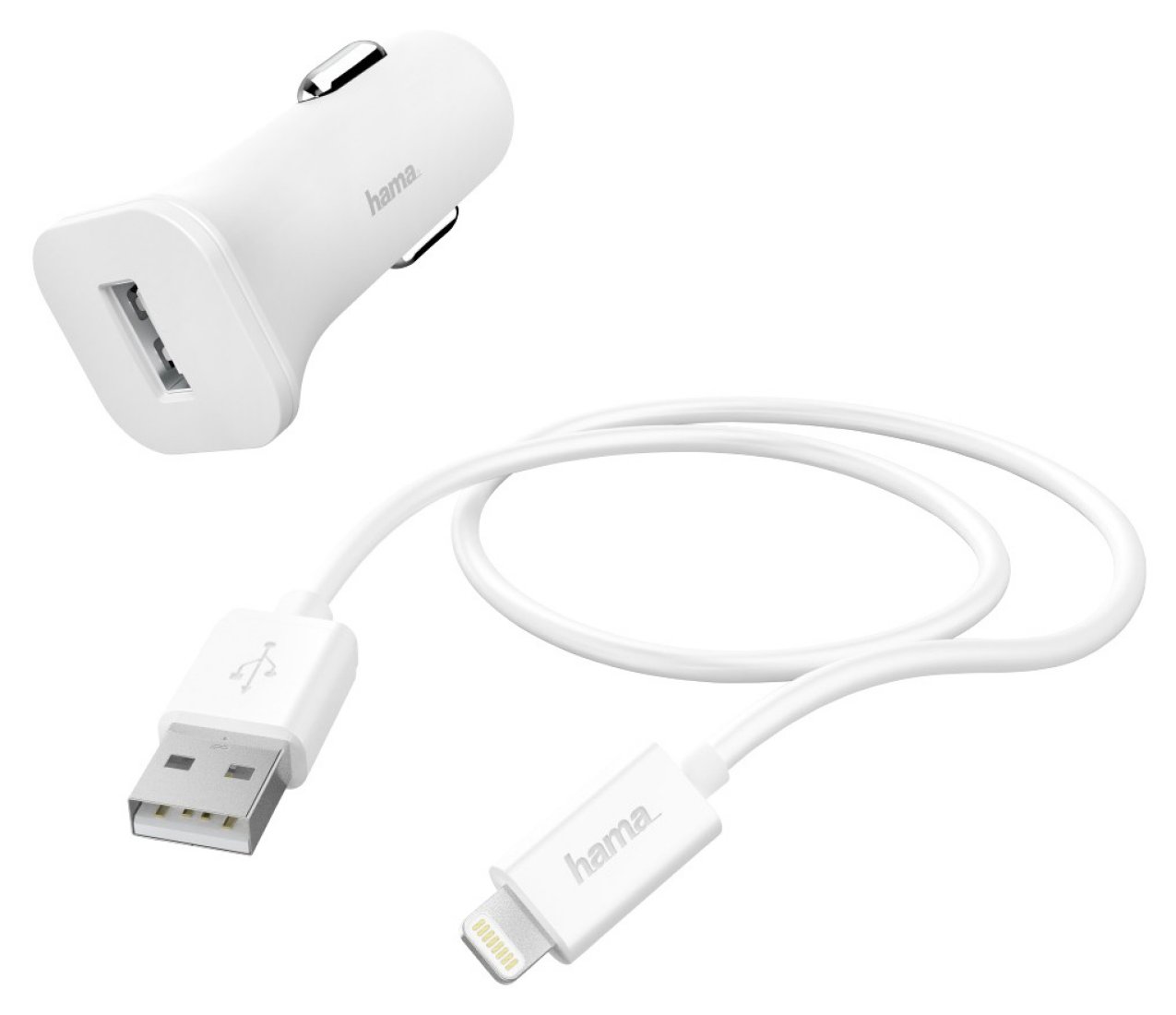 Изображение товара Автомобильное зарядное устройство Hama H-183291 1A для Apple Lightning кабель белый