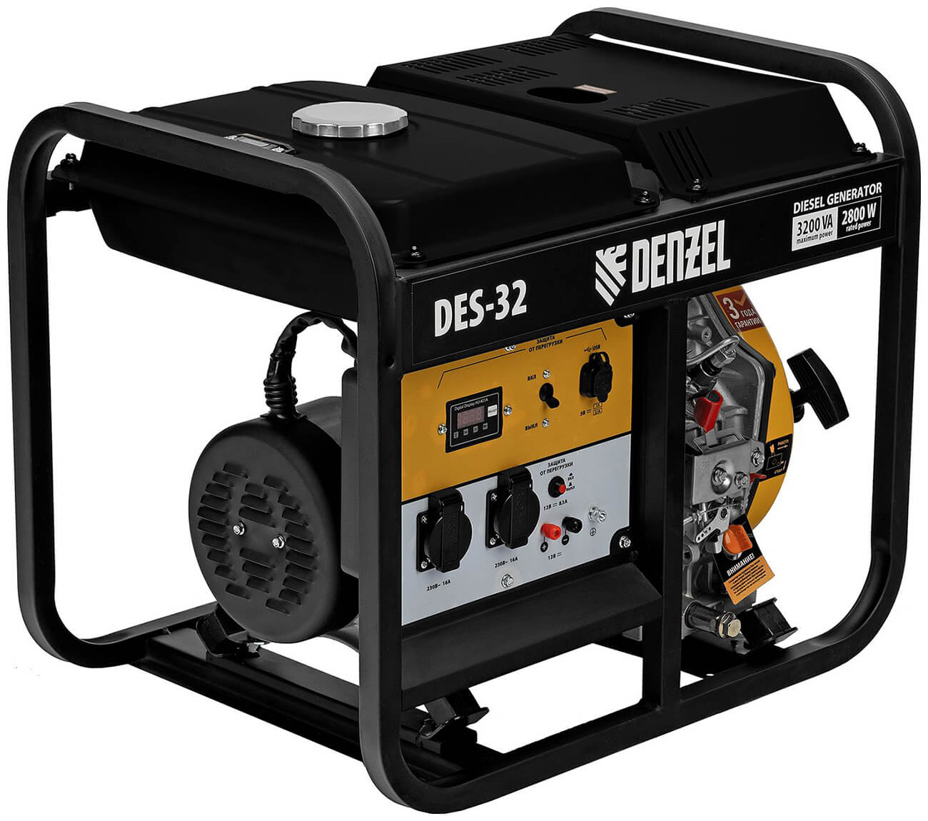 Изображение товара Генератор дизельный Denzel DES-32, 3.2 кВт, 230 В, 11 л, ручной стартер, 94411