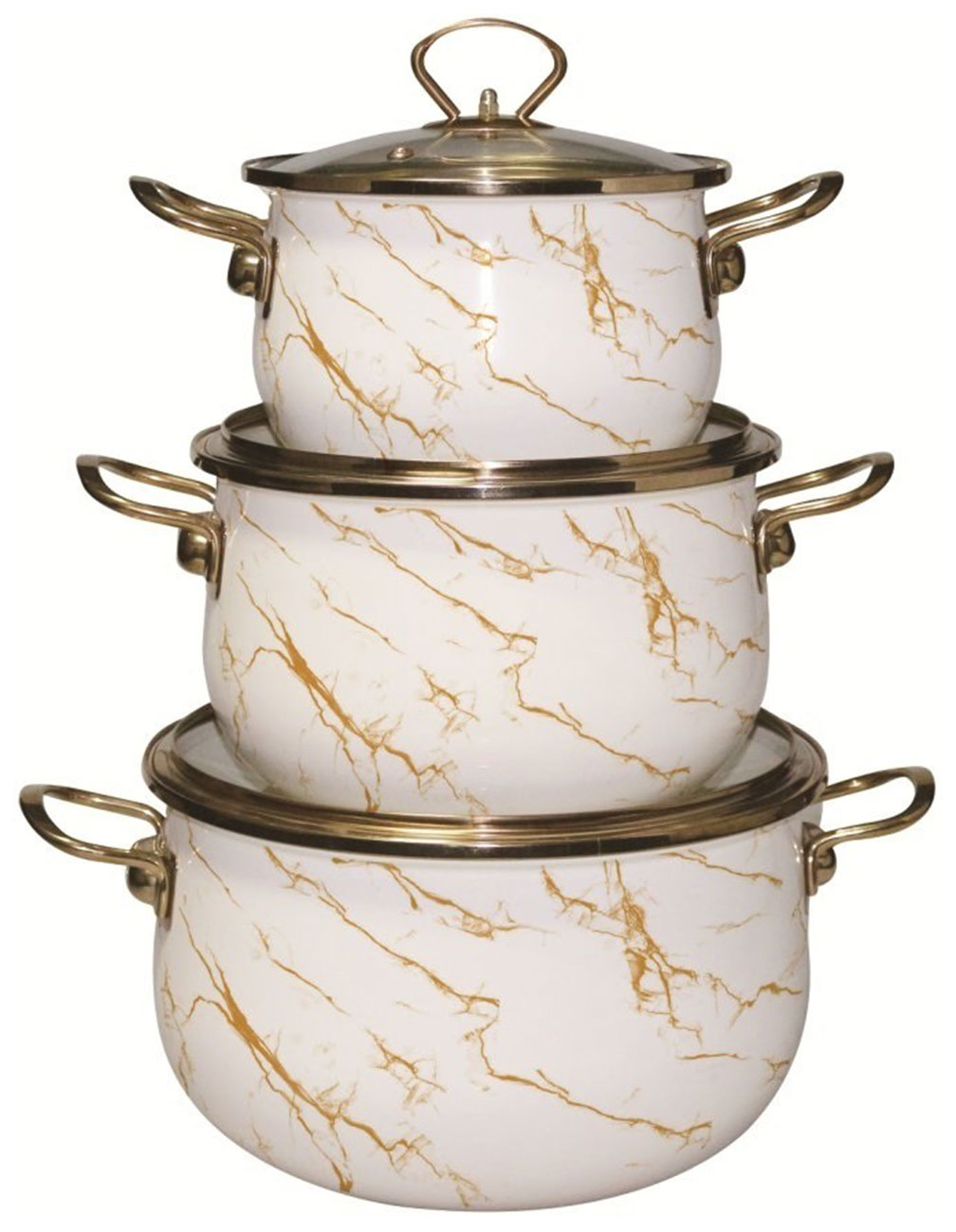 Изображение товара Набор эмалированных кастрюль Marusya R-224650, 6 предметов (2,2 л, 4 л, 6,5 л) кремовый мрамор