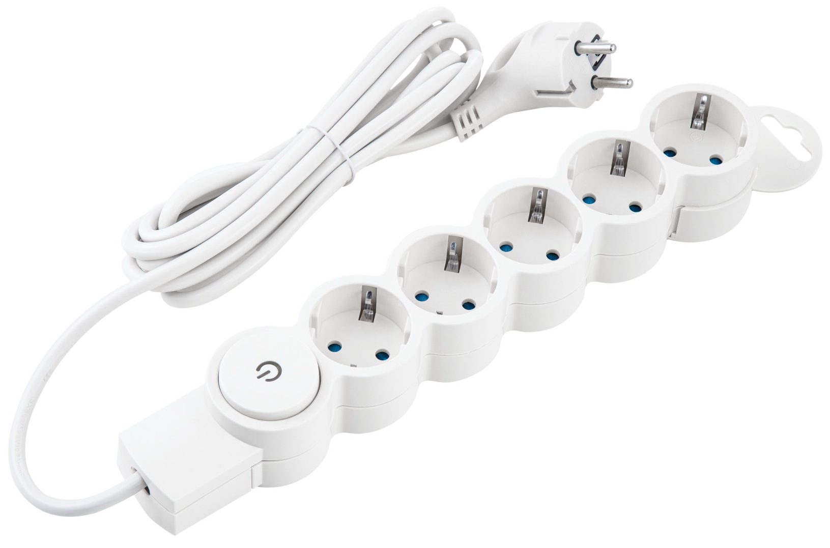 Изображение товара Сетевой фильтр Duwi 5 гнезд, 3 м, с заземлением, с защитными шторками, с выключателем, с держателем, 2200 Вт, 10 А, белый