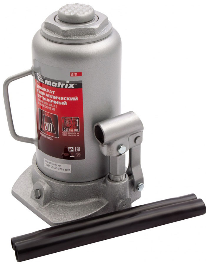 Изображение товара Домкрат гидравлический бутылочный Matrix 20 т, h подъема 242-452 мм, 50731