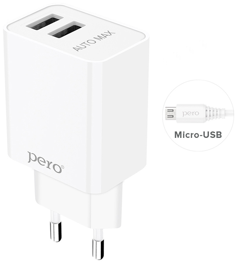 СЗУ Pero TC02, 2USB, 2.1A, c кабелем Micro USB в комплекте, белый сетевое зарядное устройство usams модель t21 charger kit 1 usb t18 2 1a кабель micro usb 1m белый t21ocmc01