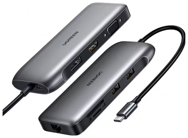 USB концентратор Ugreen 9 в 1 хаб, 2 х USB 3.0, HDMI, VGA, DP, RJ45, SD/TF, PD (70301) блок питания для microsoft book surface pro 3 4 5 6 15v 4a 65w