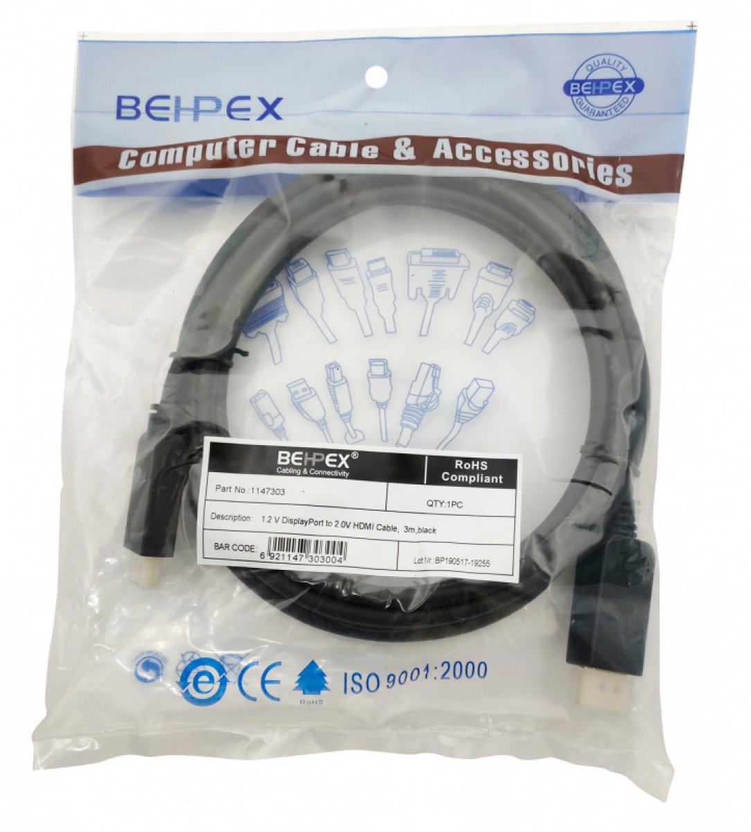 Изображение товара Кабель DisplayPort HDMI 3м черный ver2.0 для высокого качества передачи