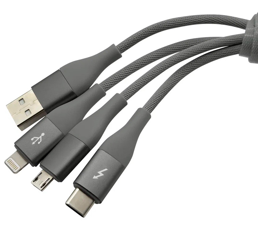 Изображение товара Кабель 3 in 1 зарядный Solove USB - Lightning/Micro/Type-C SOLOVE, 120 см, 5V, 24А, нейлоновая оплетка, DW2 (RUS) техпак темно-серый