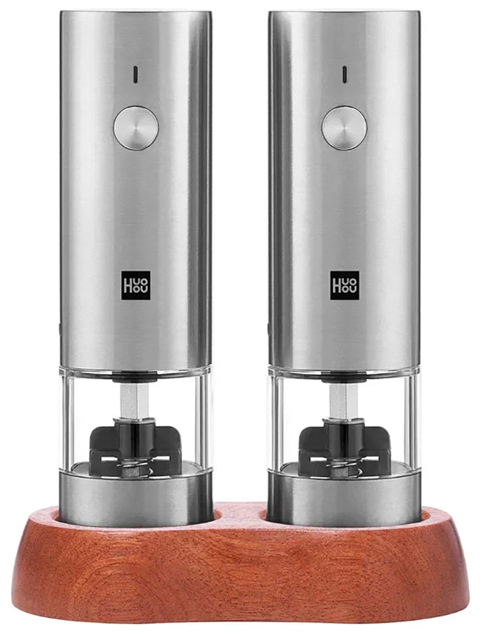 Изображение товара Набор из двух мини электрических мельниц для специй Huo Hou Electric Mini G,со встроенным аккумулятором и деревянной подставкой в металлическом корпусе, silver (0276)