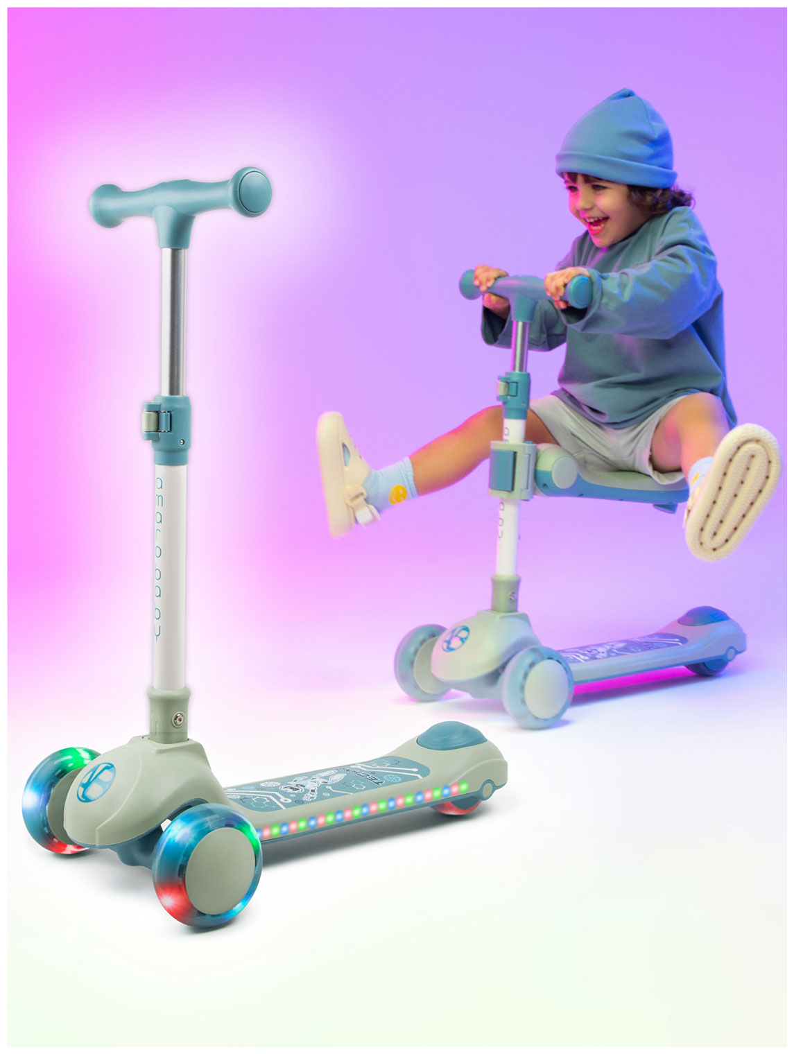 Изображение товара Самокат-кикборд Amarobaby Art с регулируемым рулем светящимися колесами и сиденьем