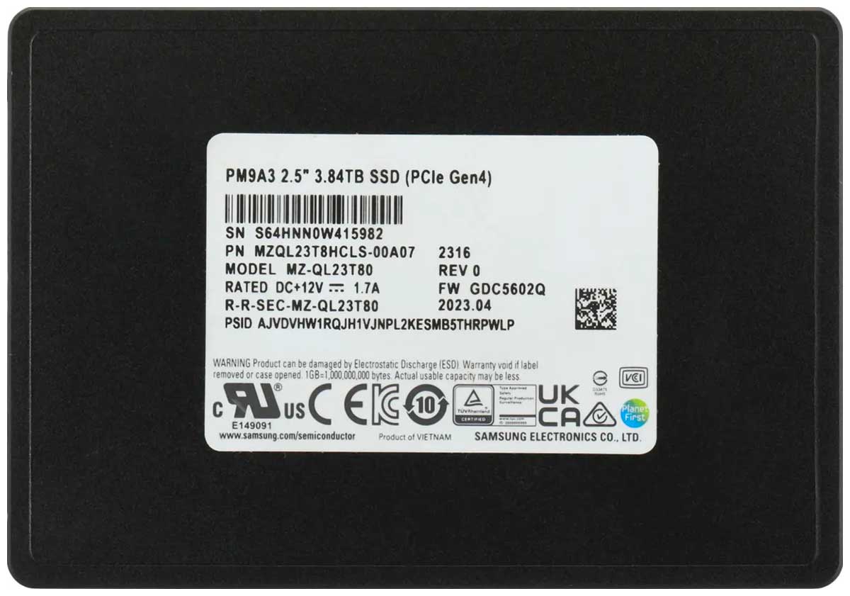 Изображение товара SSD накопитель Samsung 2.5 U.2 PM9A3 3840 ГБ PCIе 4.0 (MZQL23T8HCLS-00A07) Изображение товара SSD накопитель Samsung 2.5 U.2 PM9A3 3840 ГБ PCIе 4.0 (MZQL23T8HCLS-00A07)