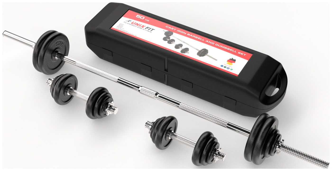 

Набор гантелей и штанга Unix Fit в кейсе 50 кг, Хром/черный