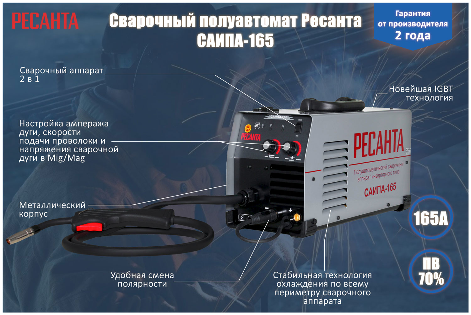 Сварочный аппарат Ресанта САИПА-165 сварочный аппарат инверторный ресанта саипа 165 165 а до 0 8 мм