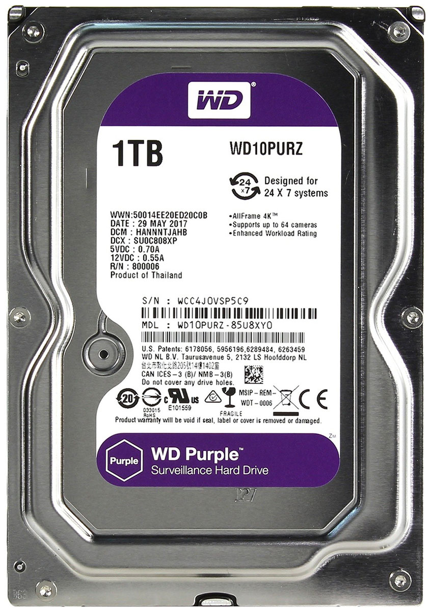 Изображение товара Жесткий диск Western Digital Purple 1Tb SATA III 5400rpm 64MB WD10PURZ