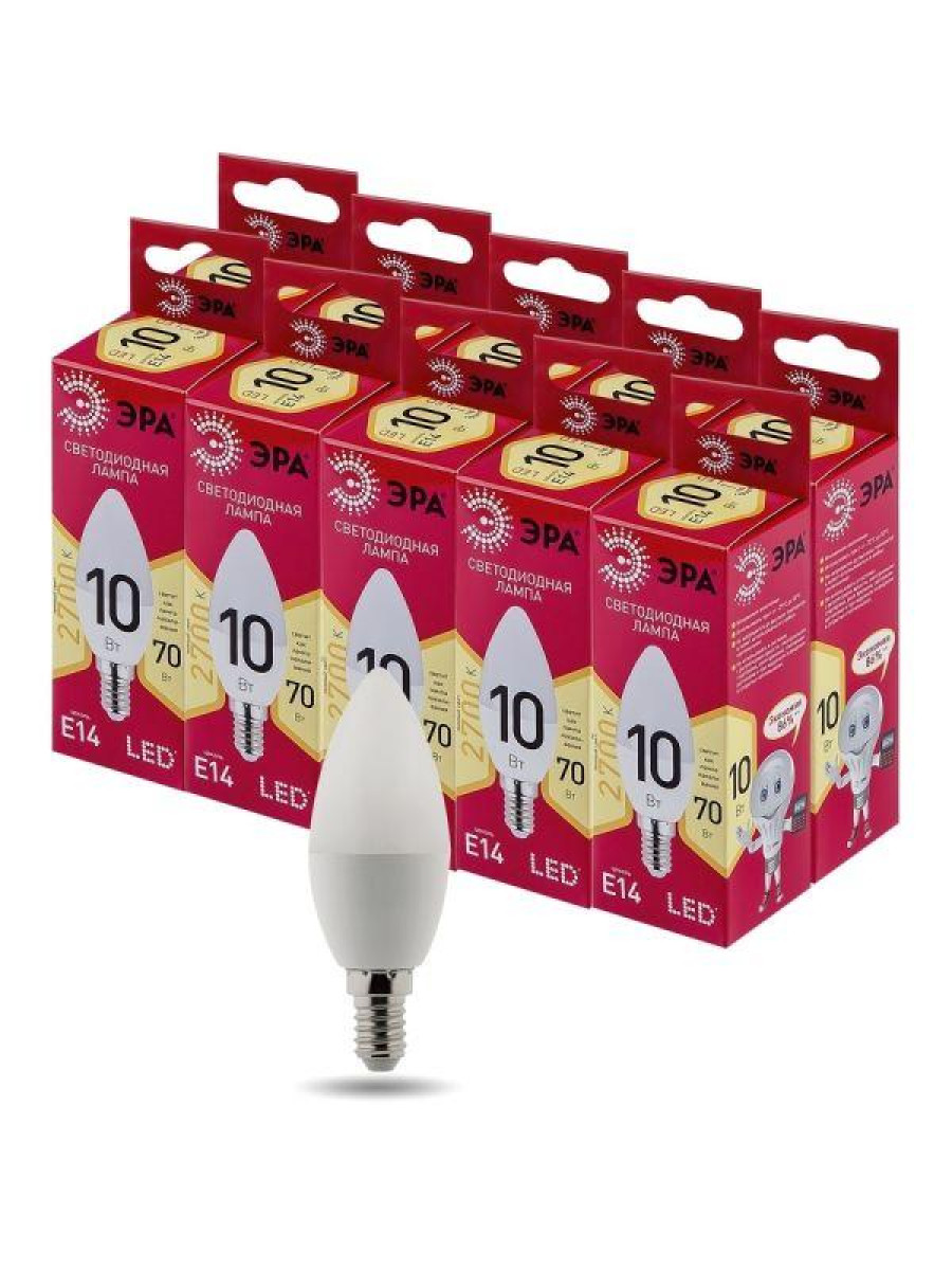 Изображение товара Светодиодная лампа ЭРА RED LINE E14 10 Вт свеча тепло белый 2700K