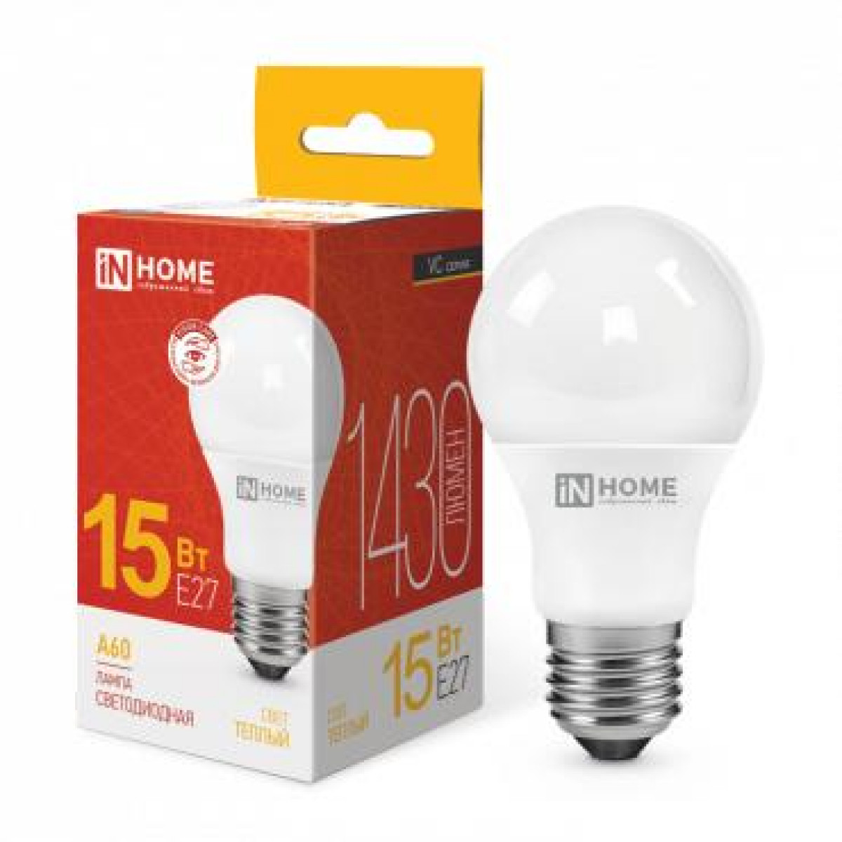Изображение товара Лампа светодиодная In Home LED-A60-VC, 15 Вт, грушевидная, 230 В, E27, 3000К, 1430лм