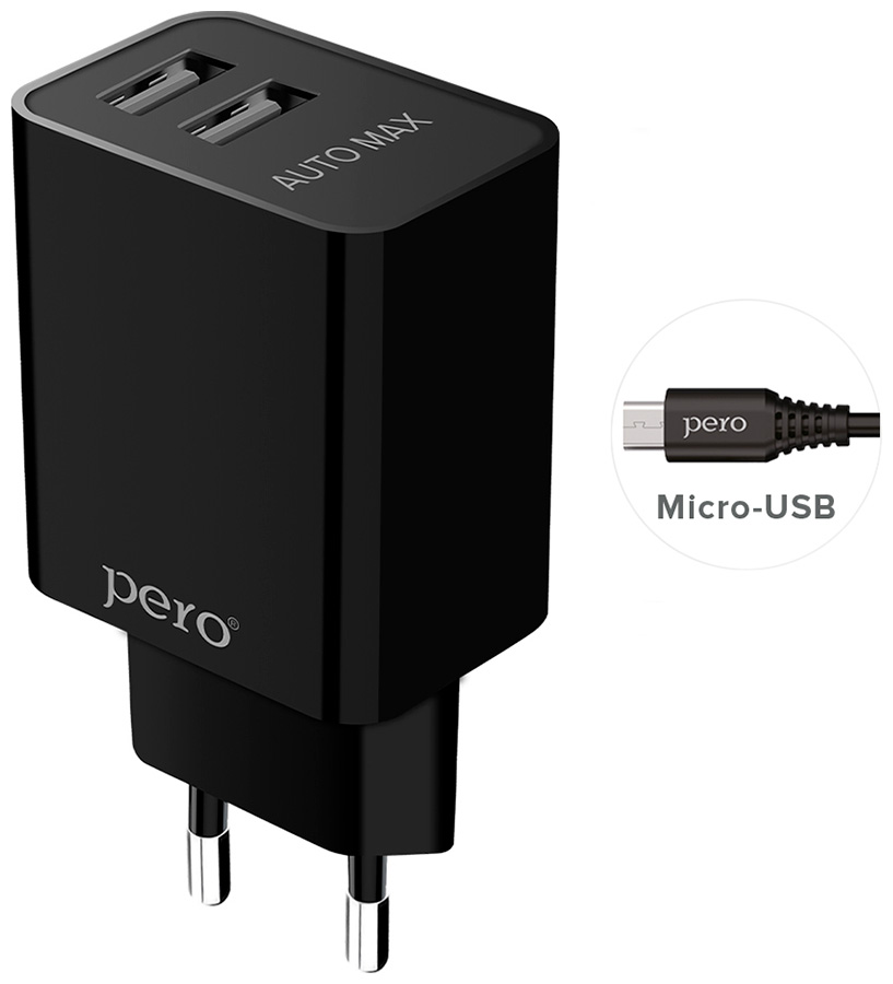 СЗУ Pero TC02, 2USB, 2.1A, c кабелем Micro USB в комплекте, черный сзу pero tc02 2usb 2 1a c кабелем lightning в комплекте черный