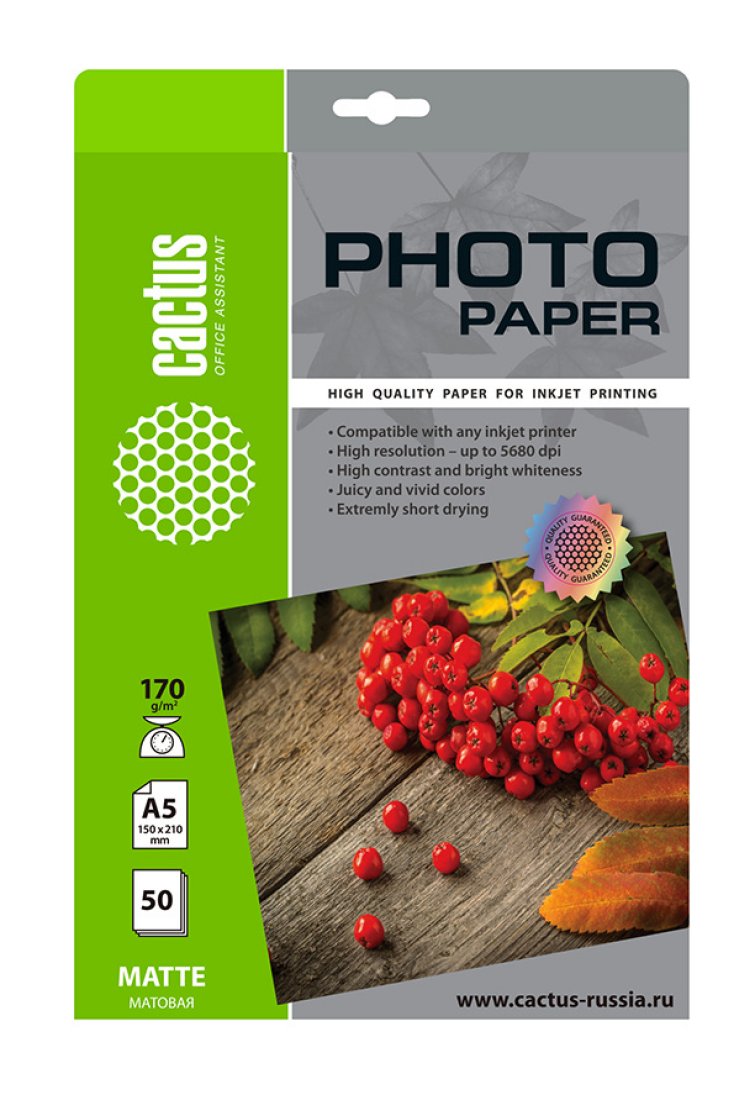 Изображение товара Фотобумага Cactus CS-MA517050 A5/170г/м2/50л./белый матовое для струйной печати