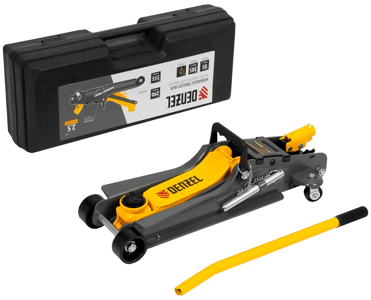 Изображение товара Домкрат гидравлический подкатной Denzel 2.5 т 85-385 мм в пласт. кейсе, 51233