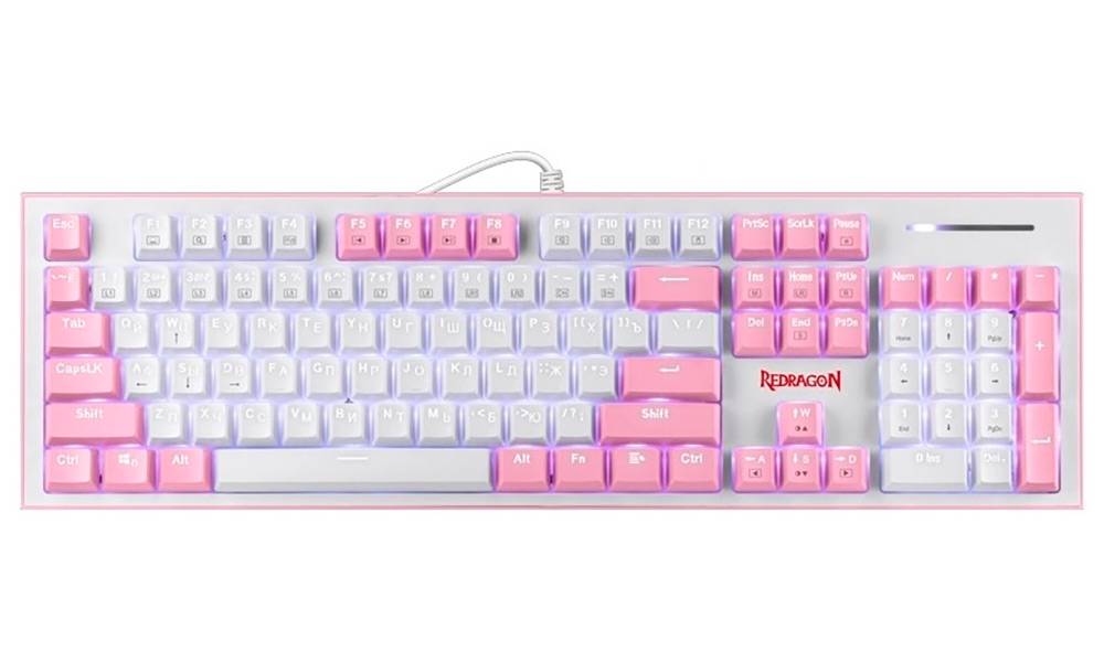 

Механическая клавиатура Redragon Hades RU, бело-розовый, тихая, 104 кнопки (70821), Белый/розовый
