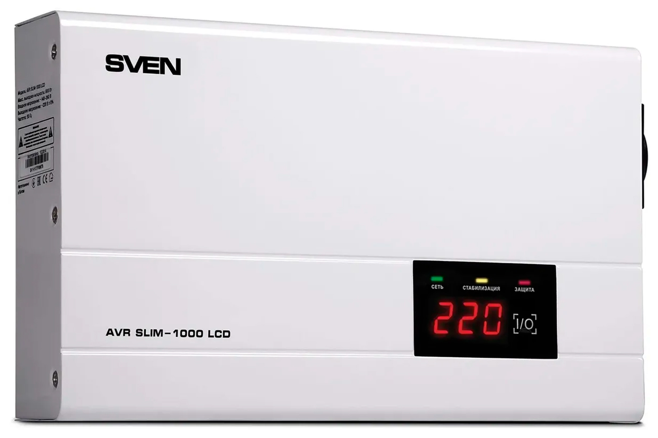 Изображение товара Стабилизатор напряжения Sven AVR SLIM-1000 LCD, 800 Вт, входное 140-260 В, 1хCEE7/4 розетка, настенное крепление (SV-012816)