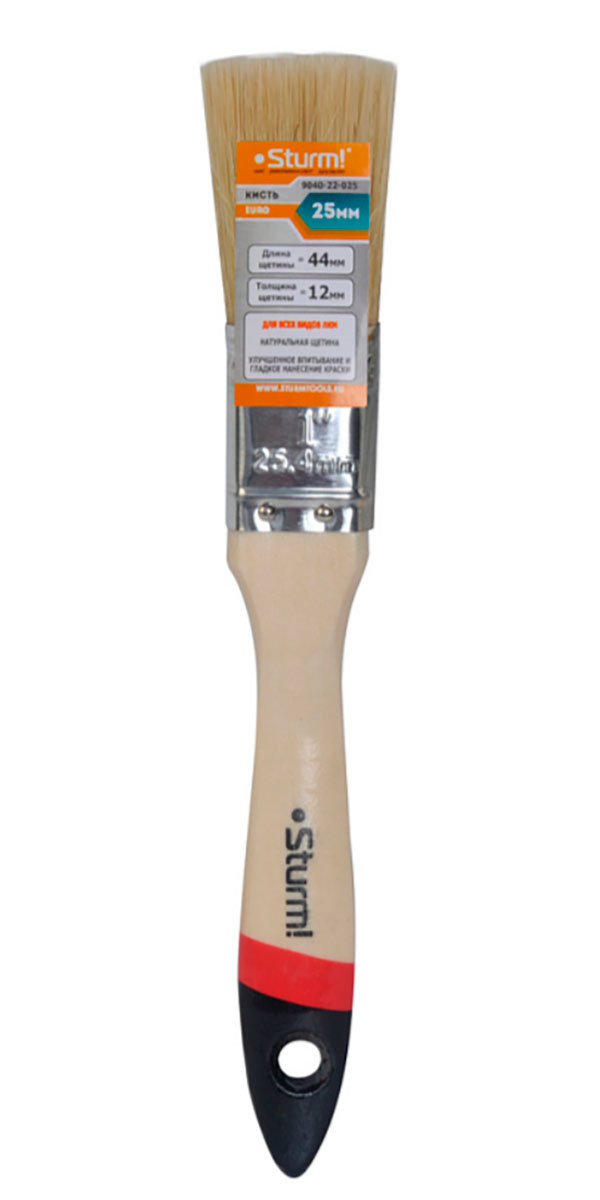 Изображение товара Кисть плоская Sturm! Euro, 1, 25мм, натуральная щетина, деревянная ручка (9040-22-025)